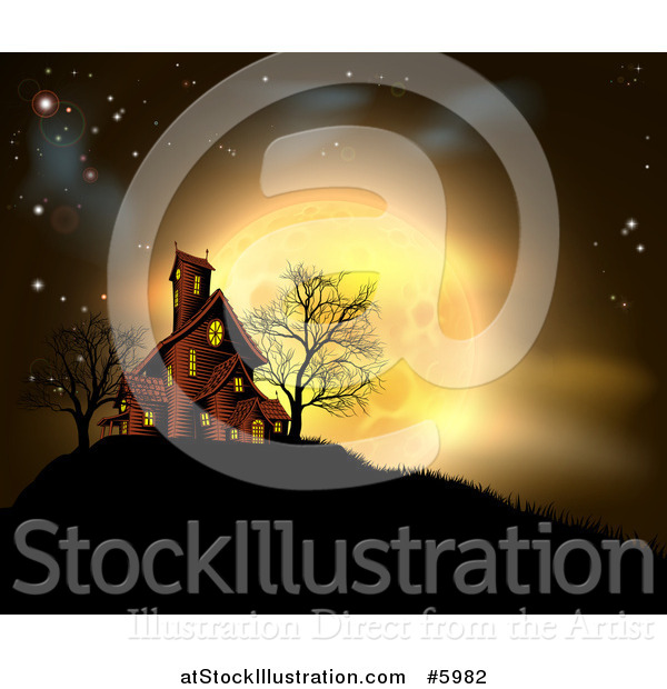 Vector Illustration of a Golden Full Moon Behind a Haunted House on a Hill