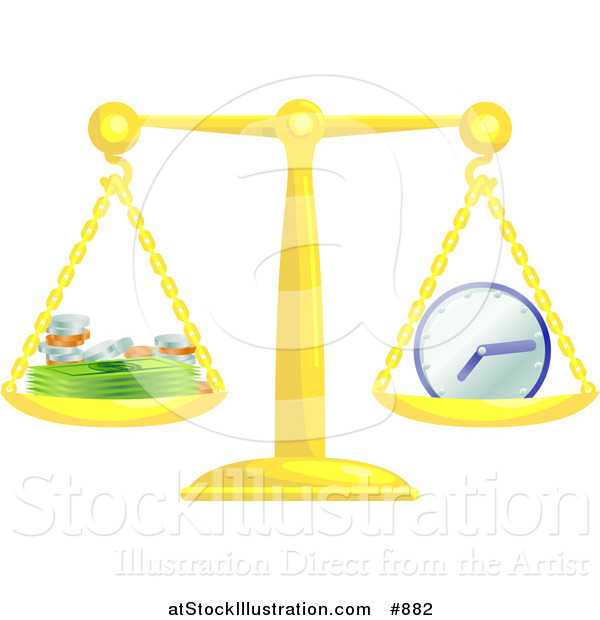 Vector Illustration of a Golden Scale Balanced with Coins and Cash on the Left Side and a Clock on the Right Side, Symbolizing That Time Is Money