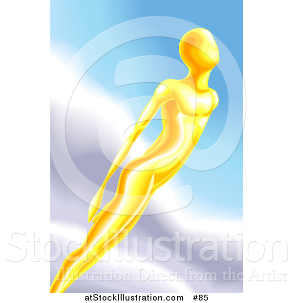 Vector Illustration of a Golden Super Human Being Flying Through the Sky