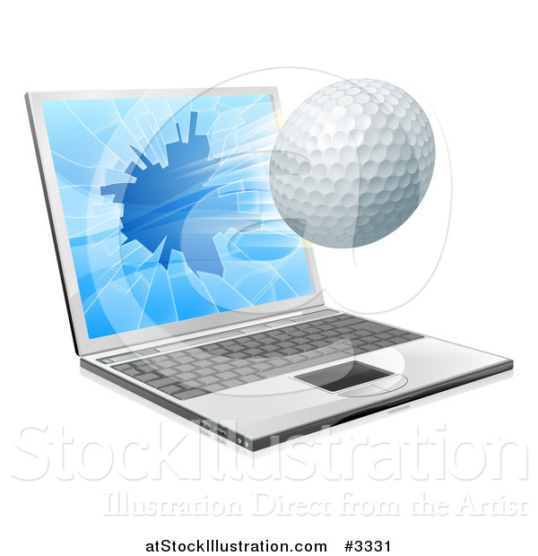 Vector Illustration of a Golf Ball Flying Through and Shattering a 3d Laptop Screen