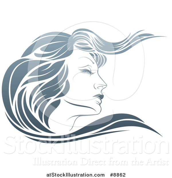 Vector Illustration of a Gradient Beatiful Woman's Face in Profile, with Long Hair Waving