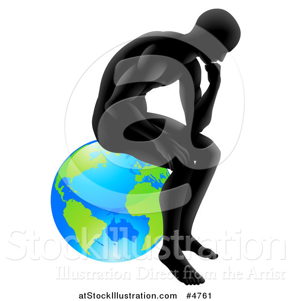 Vector Illustration of a Gradient Black Silhouetted Man in Thought and Sitting on Earth