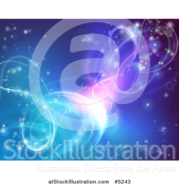 Vector Illustration of a Gradient Blue and Purple Background with Twirling Lights and Stars