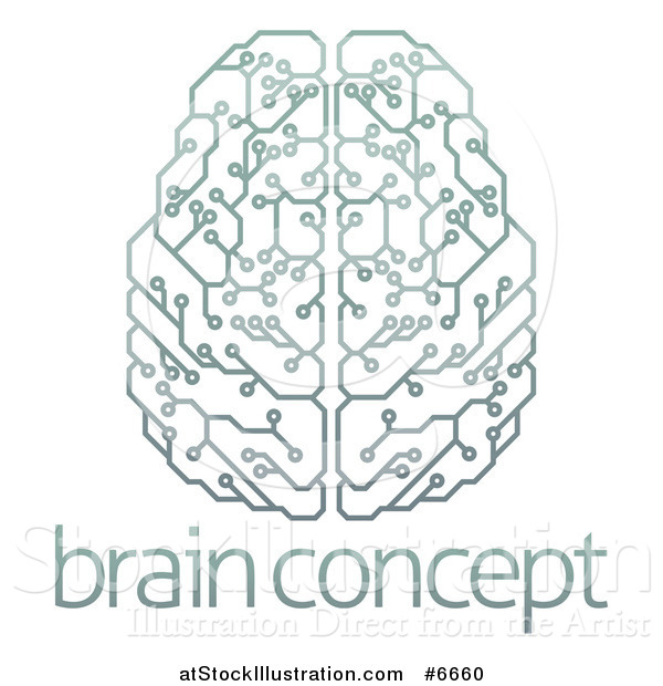 Vector Illustration of a Gradient Green Artificial Intelligence Circuit Board Brain over Sample Text