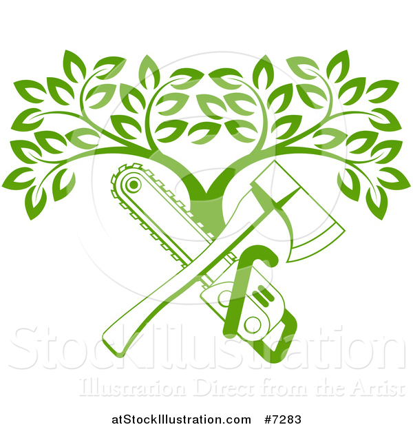 Vector Illustration of a Gradient Green Crossed Chainsaw and Axe and a Tree