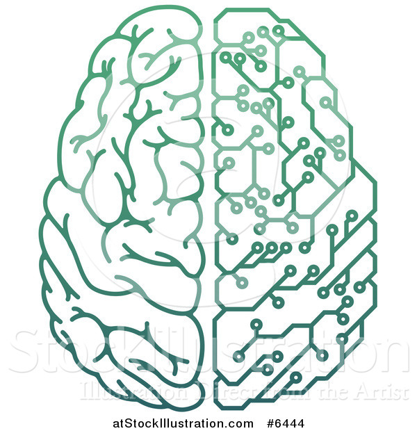 Vector Illustration of a Gradient Green Half Human, Half Artificial Intelligence Circuit Board Brain