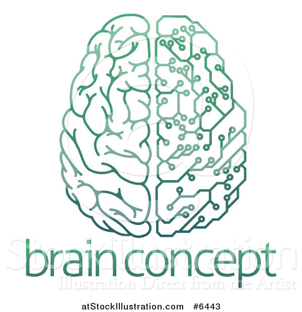 Vector Illustration of a Gradient Green Half Human, Half Artificial Intelligence Circuit Board Brain over Sample Text