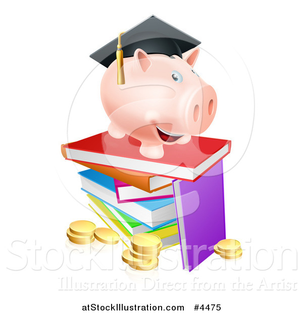 Vector Illustration of a Graduate Piggy Bank on a Pile of Books over Coins