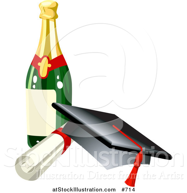 Vector Illustration of a Graduation Cap, Red Tassel, Diploma and Wine Bottle