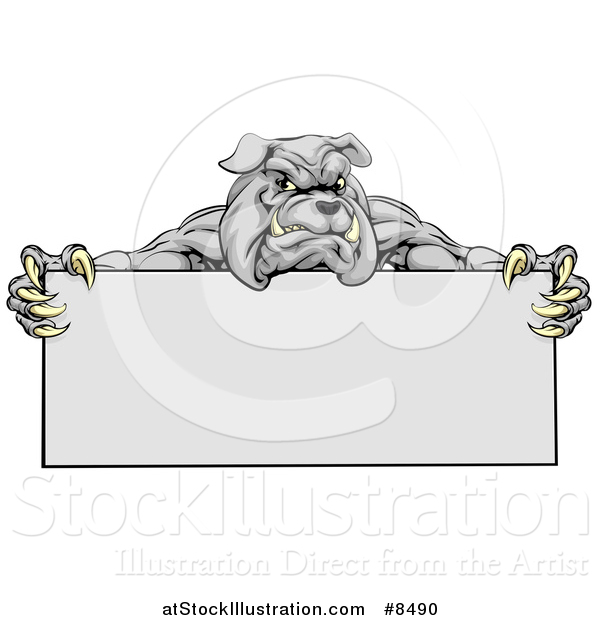 Vector Illustration of a Gray Aggressive Bulldog Monster Mascot Holding a Blank Sign