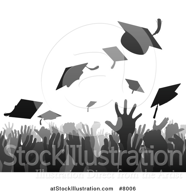 Vector Illustration of a Gray and Black Silhouetted Graduation Crowd Tossing up Their Mortar Board Caps