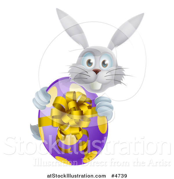 Vector Illustration of a Gray Bunny Holding an Easter Egg