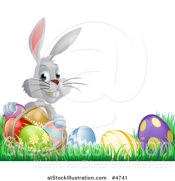 Vector Illustration of a Gray Bunny Holding Basket by Easter Eggs