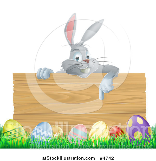 Vector Illustration of a Gray Bunny over a Wood Sign and Easter Eggs