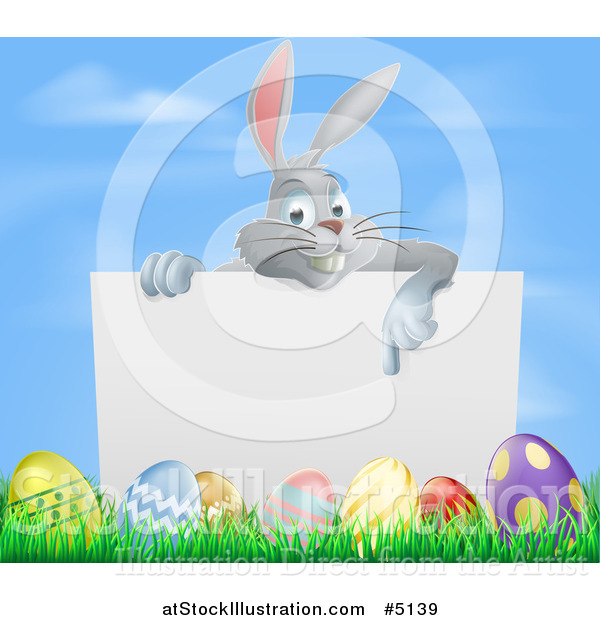 Vector Illustration of a Gray Bunny Pointing down to a Sign with Grass and Easter Eggs