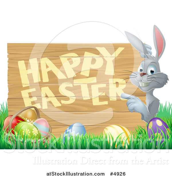 Vector Illustration of a Gray Bunny Pointing to a Happy Easter Sign, with Easter Eggs in Grass
