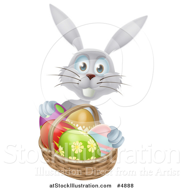 Vector Illustration of a Gray Bunny with Easter Eggs and a Basket