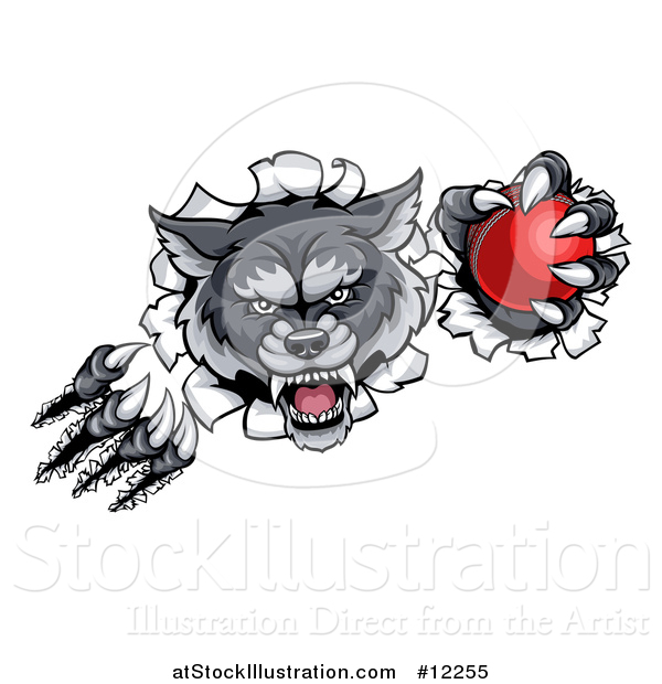 Vector Illustration of a Gray Wolf Slashing Through a Wall with a Cricket Ball