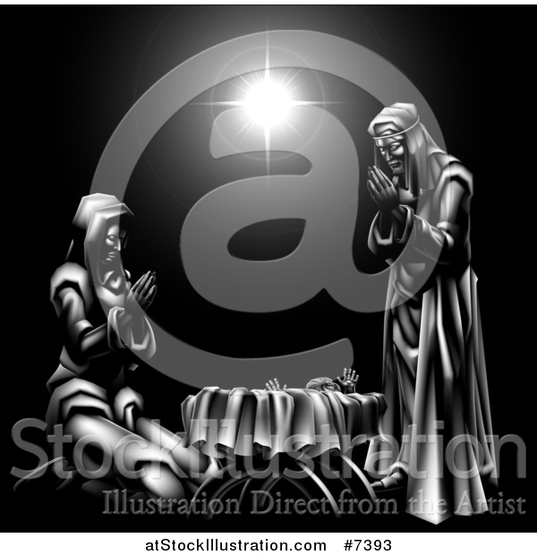 Vector Illustration of a Grayscale 3d Mary and Joseph Praying over Baby Jesus and the Star of Bethlehem 2