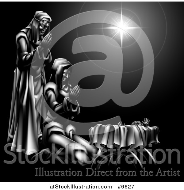 Vector Illustration of a Grayscale 3d Mary and Joseph Praying over Baby Jesus and the Star of Bethlehem