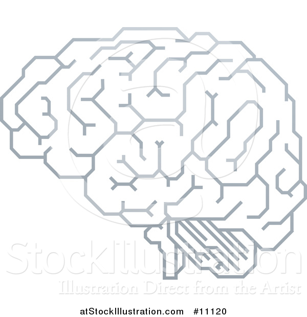 Vector Illustration of a Grayscale Human Brain with Electrical Circuits