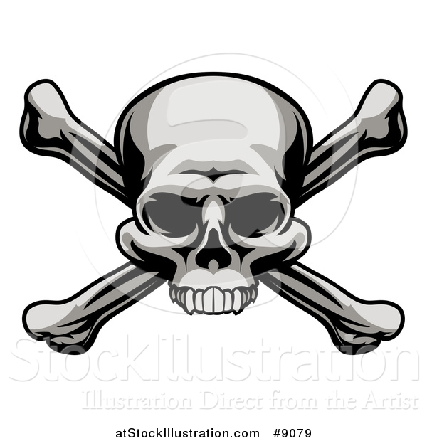 Vector Illustration of a Grayscale, Jolly Roger Pirate Skull over Cross Bones