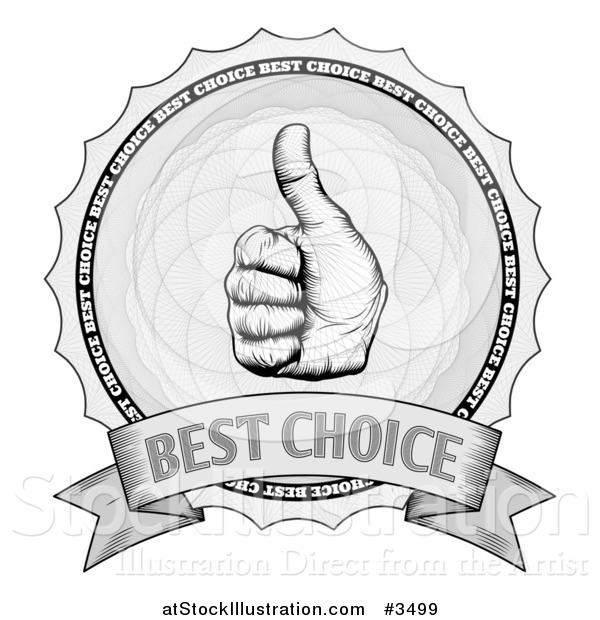 Vector Illustration of a Grayscale Thumb up Best Choice Award Winner Badge over Guilloche
