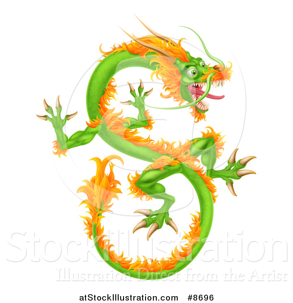 Vector Illustration of a Green and Orange Chinese Dragon Flying