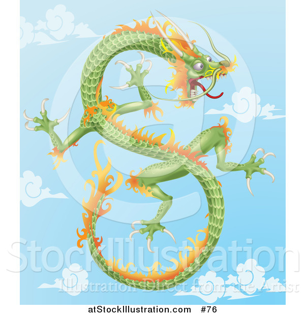 Vector Illustration of a Green and Orange Chinese Dragon Flying in the Sky