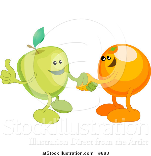 Vector Illustration of a Green Apple Shaking Hands with an Orange While Agreeing on a Business Deal