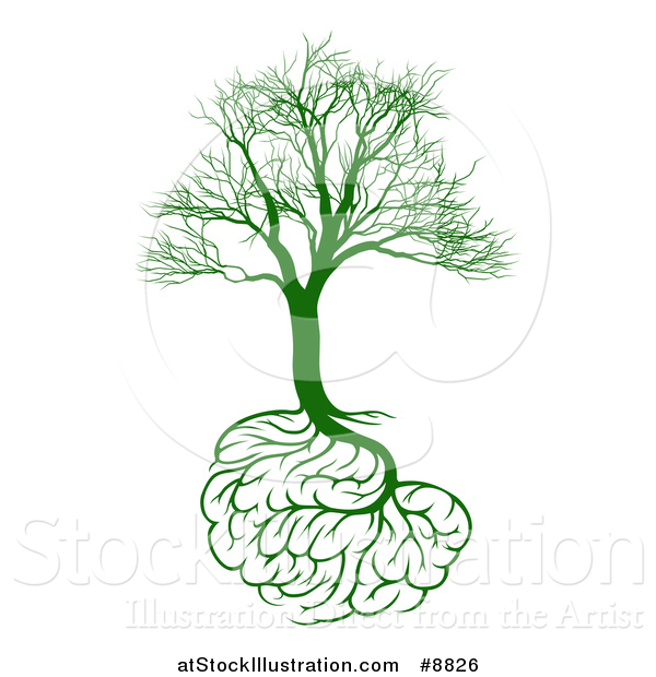 Vector Illustration of a Green Bare Tree with Brain Roots, Symbolizing Memory Loss
