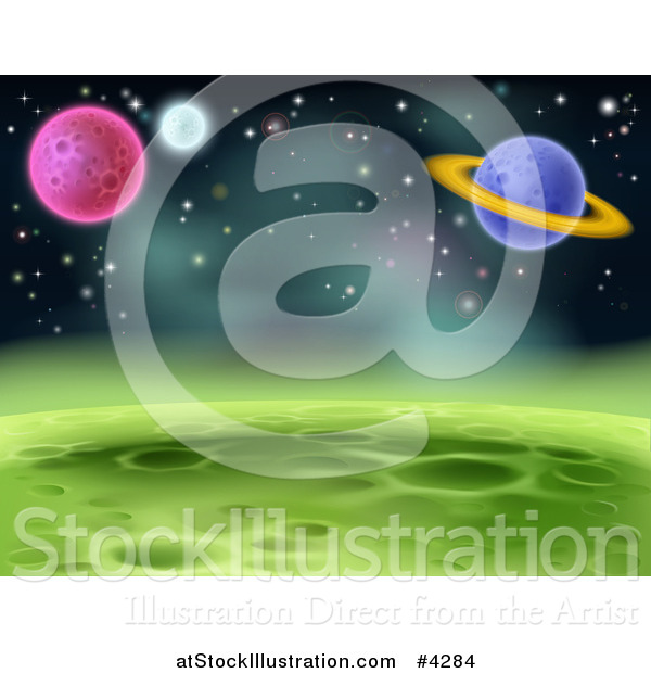 Vector Illustration of a Green Cratered Foreign Planet Landscape with Other Planets and Stars