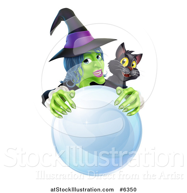 Vector Illustration of a Green Halloween Witch and Black Cat Behind a Crystal Ball