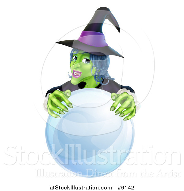 Vector Illustration of a Green Halloween Witch Behind a Crystal Ball