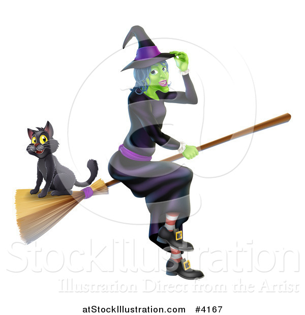 Vector Illustration of a Green Halloween Witch Tipping Her Hat and Flying with a Cat on a Broomstick
