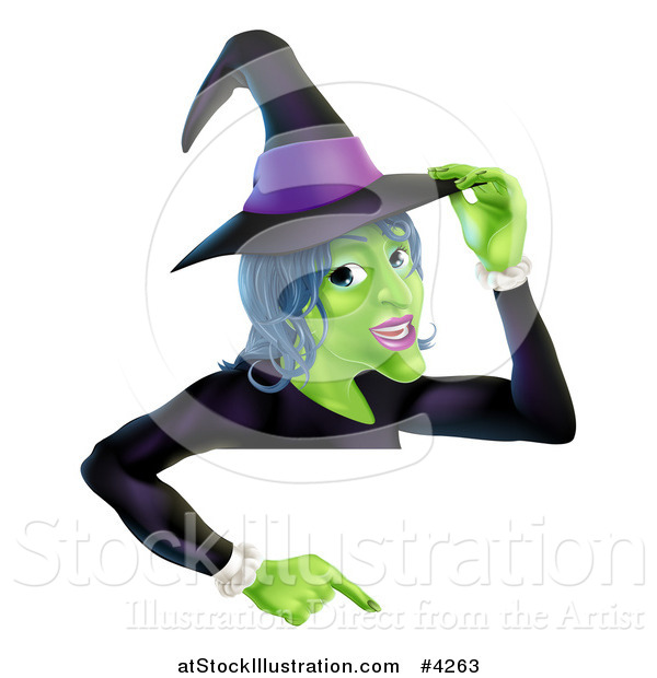 Vector Illustration of a Green Halloween Witch Touching Her Hat and Pointing down to a Sign