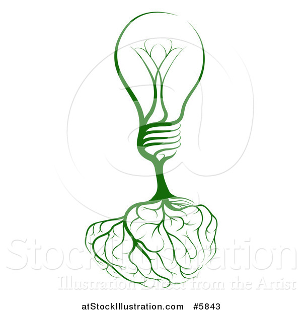 Vector Illustration of a Green Lightbulb Tree with Roots Shaping a Brain
