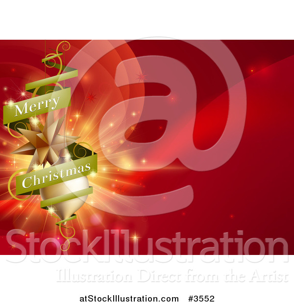 Vector Illustration of a Green Merry Christmas Banner Around Gold Ornaments on Red