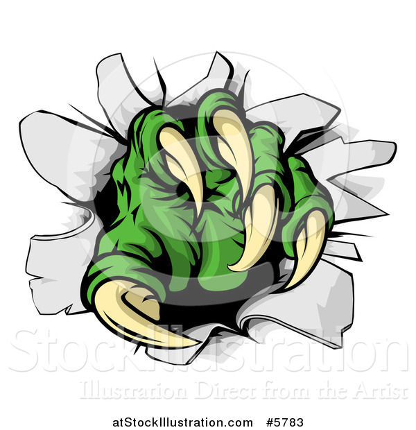 Vector Illustration of a Green Monster Claw Breaking Through a Wall
