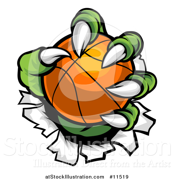 Vector Illustration of a Green Monster Claws Ripping Through Metal with a Basketball