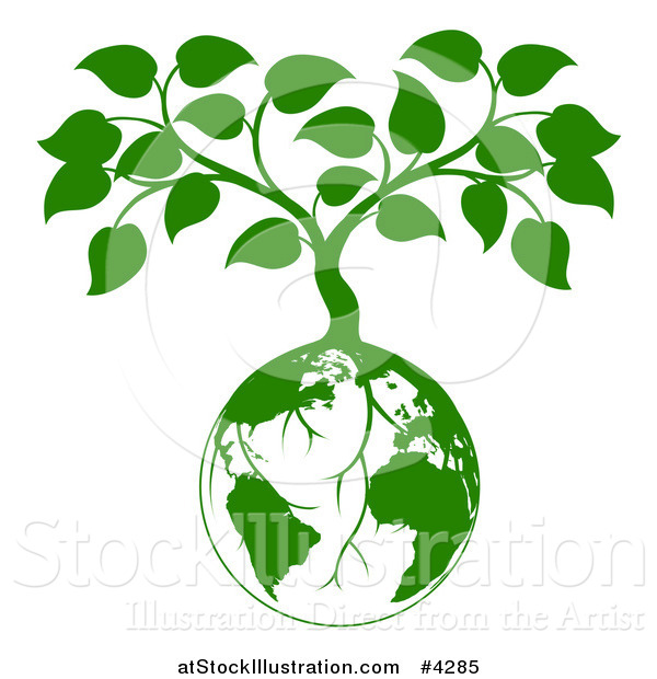 Vector Illustration of a Green Planet Earth Globe and Tree with Roots Growing from It