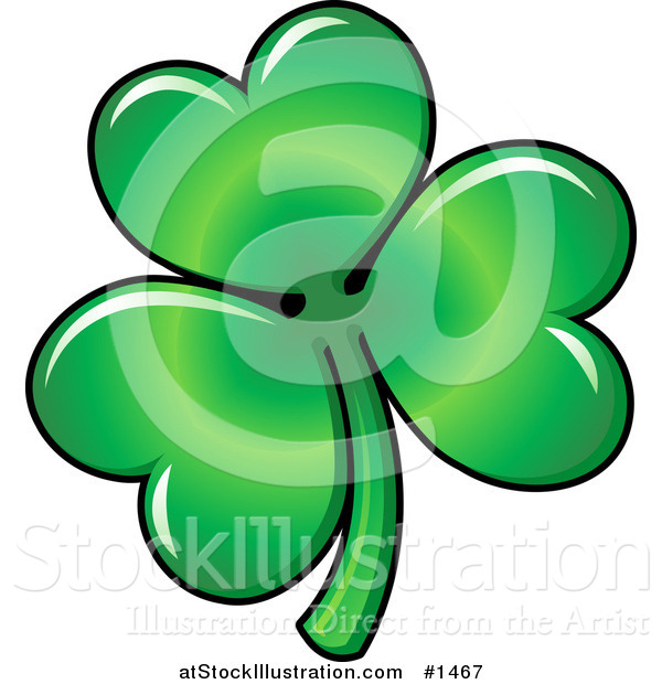 Vector Illustration of a Green Three Leaved Shamrock Clover Leaf with Light Reflecting off of the Heart Shaped Petals