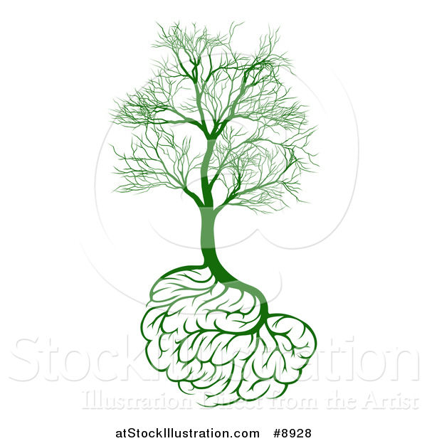 Vector Illustration of a Green Tree with Brain Roots and Bare Branches, Symbolizing Memory Loss