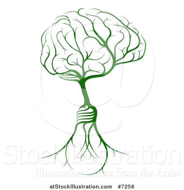 Vector Illustration of a Green Tree with Light Bulb Roots and a Brain Canopy