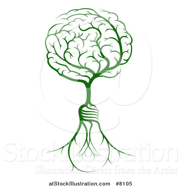 Vector Illustration of a Green Tree with Light Bulb Roots and a Brain Canopy