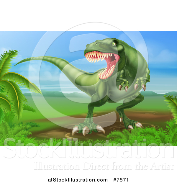 Vector Illustration of a Green Vicious Tyrannosaurus Rex Dinosaur Roaring in a Landscape