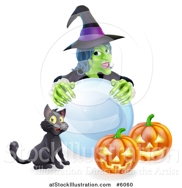 Vector Illustration of a Green Witch with a Crystal Ball, Black Cat and Halloween Jackolantern Pumpkins