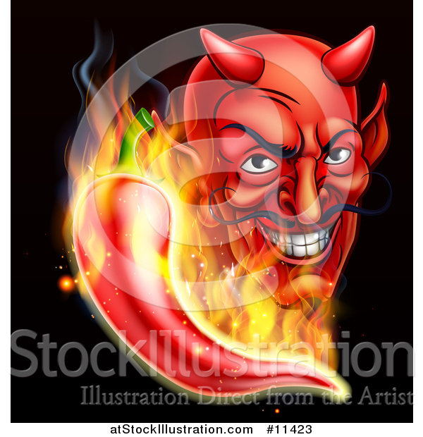 Vector Illustration of a Grinning Cartoon Devil Face and Flaming Hot Chili Pepper on Black