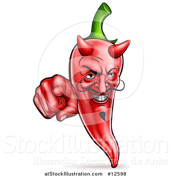 Vector Illustration of a Grinning Devil Red Chile Pepper Mascot Character Pointing Outwards