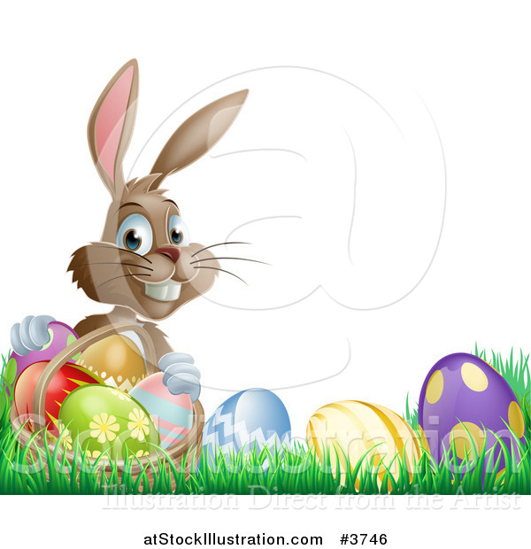 Vector Illustration of a Grinning Easter Bunny with Eggs and a Basket in Grass